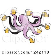 Clipart Of A Purple Bartender Otopus With Beer Royalty Free Vector Illustration