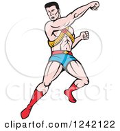 Clipart Of A Cartoon Super Hero Man Punching And Running Royalty Free Vector Illustration