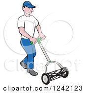 Poster, Art Print Of Cartoon Gardener Man Using A Manual Lawn Cylinder Mower
