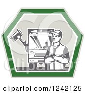 Clipart Of A Retro Garbage Man And Truck In A Shield Royalty Free Vector Illustration