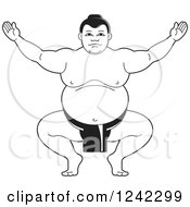 Black And White Sumo Wrestler Crouching And Holding Up His Arms