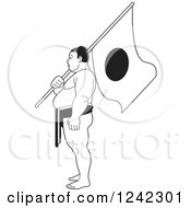 Clipart Of A Black And White Sumo Wrestler Holding A Japanese Flag Royalty Free Vector Illustration