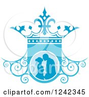 Poster, Art Print Of Silhouetted Wedding Couple About To Kiss In Ablue Ornate Crown Shield