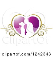 Poster, Art Print Of Silhouetted Wedding Couple About To Kiss In A Purple And Gold Swirl Heart