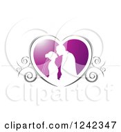Poster, Art Print Of Silhouetted Wedding Couple About To Kiss In A Purple And Silver Swirl Heart