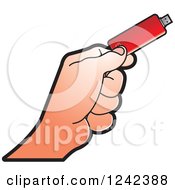 Clipart Of A Caucasian Hand Holding A Red Usb Flash Drive Royalty Free Vector Illustration by Lal Perera