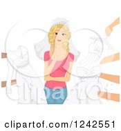 Clipart Of A Blond Caucasian Bride With Hands Holding Out Gowns Royalty Free Vector Illustration by BNP Design Studio