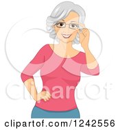 Clipart Of A Happy Caucasian Senior Woman Touching Her Eyeglasses Royalty Free Vector Illustration