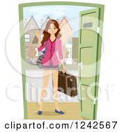 Poster, Art Print Of Young Woman With Luggage Waving Hello At A Dor
