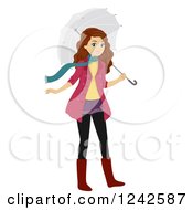 Clipart Of A Teenage Girl In Winter Clothes With An Umbrella Royalty Free Vector Illustration