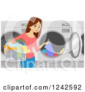 Brunette Woman Putting Clothes In A Laundromat Machine