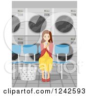 Young Brunette Woman Waiting At The Laundromat