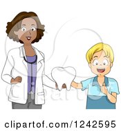Poster, Art Print Of Happy Black Female Dentist And Caucasian Boy Holding A Tooth
