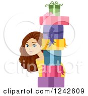 Poster, Art Print Of Young Brunette Woman Peeking Behind A Stack Of Gifts