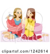 Clipart Of Two Teen Girls Exchanging Clothes Royalty Free Vector Illustration