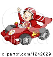 Poster, Art Print Of Happy Boy Waving And Driving A Red Race Car