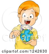 Clipart Of An Excited Red Haired Boy Viewing A Globe Through A Magnifying Glass Royalty Free Vector Illustration