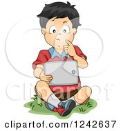 Poster, Art Print Of Thinking Asian Boy Sitting With A Tablet In Grass