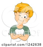 Clipart Of A Winking Caucasian Boy With Folded Arms Royalty Free Vector Illustration