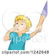 Clipart Of A Blond Boy Looking Back In Wonder And Holding Hands With His Dad Royalty Free Vector Illustration
