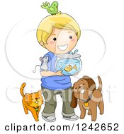 Poster, Art Print Of Happy Blond Boy With His Pets