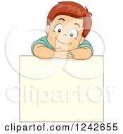 Clipart Of A Happy Boy Resting Over A Sign Board Royalty Free Vector Illustration