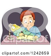 Clipart Of A Happy Boy Writing At A Desk At Night Royalty Free Vector Illustration