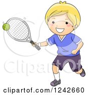 Poster, Art Print Of Happy Blond Boy Hitting A Tennis Ball