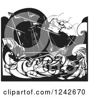 Poster, Art Print Of Black And White Wooduct Ship Stuck In A Storm At Sea