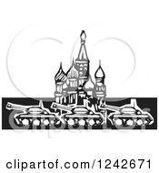 Poster, Art Print Of Black And White Woodcut Russian Military Tanks At Kremlin In Red Square