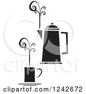 Black And White Cup Of Coffee With Swirling Steam And A Pot
