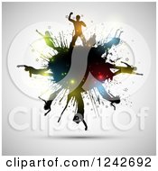 Poster, Art Print Of Silhouetted Dancers With Colorful Flares On A Black Grunge Splatter Over Gray
