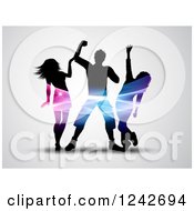 Clipart Of Silhouetted Dancers With Colorful Lights Through Their Torsos On Gray Royalty Free Vector Illustration
