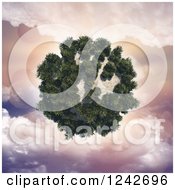 Clipart Of A 3d Planet Covered In Trees Over A Sunset And Flare Sky Royalty Free Illustration