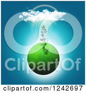 Poster, Art Print Of 3d Grassy Green Planet With A Seedling Plant And Sunshine Cloud And Rainbow