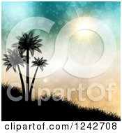 Clipart Of A Sun And Flares Shining On Silhouetted Palm Trees On A Hillside Royalty Free Vector Illustration