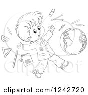 Poster, Art Print Of Black And White School Boy With Supplies And A Globe