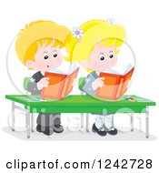 Poster, Art Print Of Blond Caucasian School Children Reading At Their Desk