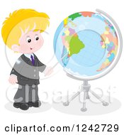 Poster, Art Print Of Blond Caucasian School Boy Pointing To A Globe