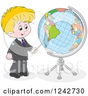 Poster, Art Print Of Blond School Boy Pointing To A Globe