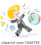 Poster, Art Print Of Blond Caucasian School Boy With Supplies And A Globe