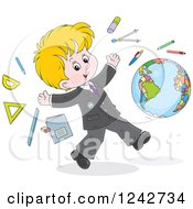 Poster, Art Print Of Blond School Boy With Supplies And A Globe