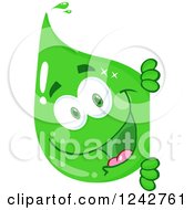 Poster, Art Print Of Happy Green Eco Water Drop Character Looking Around A Sign