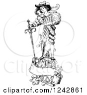 Clipart Of A Vintage Black And White Groom And Sword With Floral Designs And A Banner Royalty Free Vector Illustration