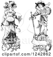 Clipart Of A Vintage Black And White Bride And Groom With Floral Designs Royalty Free Vector Illustration