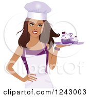 Clipart Of A Beautiful Brunette Female Baker Holding A Tray Of Purple Cupcakes Royalty Free Vector Illustration by Monica #COLLC1243003-0132