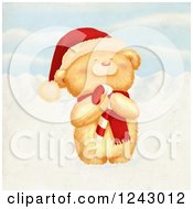 Clipart Of A Cute Christmas Bear Holding A Candy Cane In The Snow Royalty Free Illustration by lineartestpilot