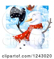 Poster, Art Print Of Robin On A Happy Snowman Holding Onto His Hat In The Snow