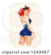 Clipart Of A Sexy Red Haired Sailor Girl Pinup Looking Back On A Frame Of Beige Over White Royalty Free Illustration by lineartestpilot