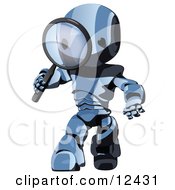 Blue Metal Robot Looking Through A Magnifying Glass Clipart Illustration